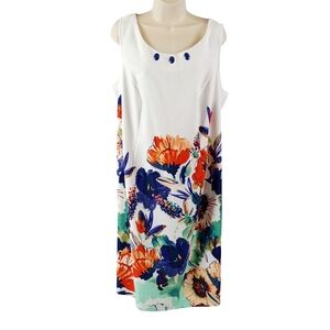 Maya Brooke White Sleeveless Midi Dress with Navy & Orange Floral Print